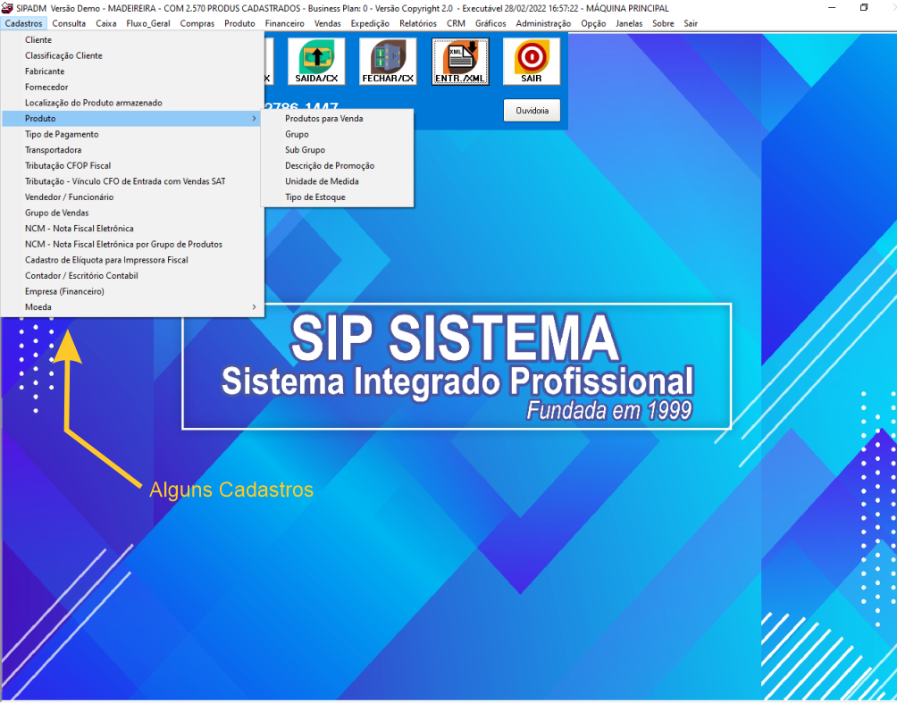 Tela de Menu Cadastros - Sip Sistema Madeideira