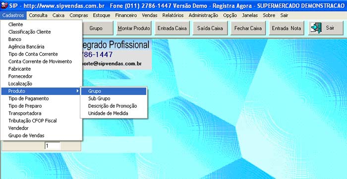 Tela de Menu Cadastros - Sip Vendas Supermercado