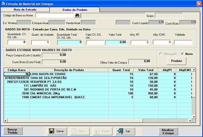 Entrada de Material em Estoque - SIP Sistema Padaria