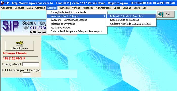 Menu Notas de Entrada de Produto em Estoque - Sip Sistema Loja