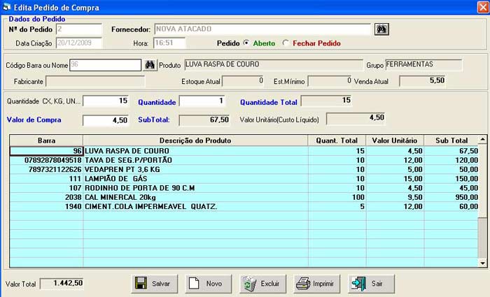 Montagem do pedido de Compra -SIP Sistema Auto Peças