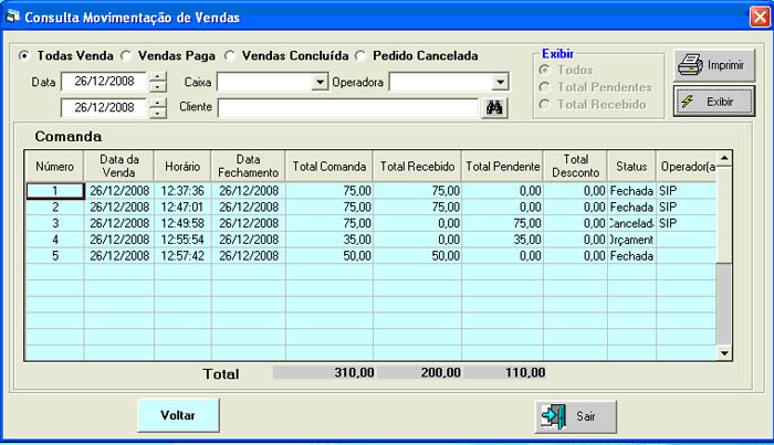 Consulta de Movimentação de Vendas